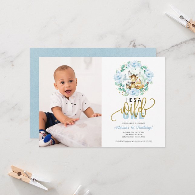Woodland He's A Wild One Photo First Birthday  Inv Invitation (Front/Back In Situ)