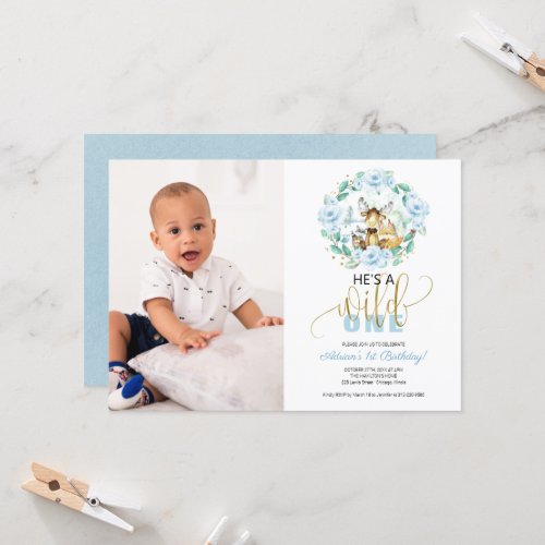 Woodland Hes A Wild One Photo First Birthday  Inv Invitation