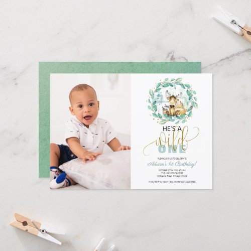 Woodland Hes A Wild One Photo First Birthday  Invitation
