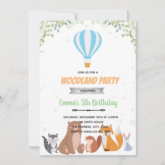 Woodland hot air balloon invitation (Front)