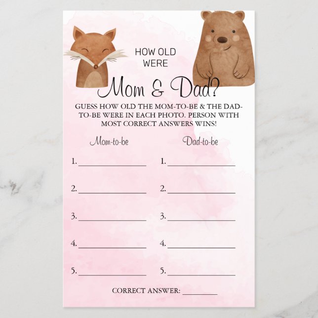 Woodland How old were Mom & Dad shower game card Flyer (Front)