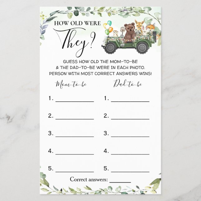 Woodland How Old Were They Baby Shower Game Card Flyer (Front)