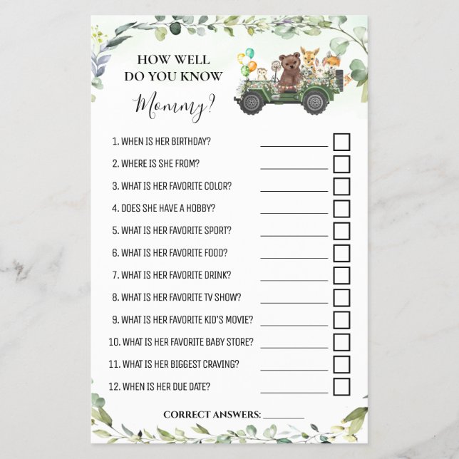 Woodland How well do you know Mom Shower Game Card Flyer (Front)