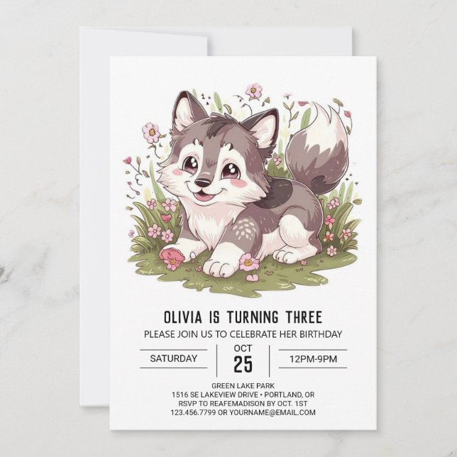 Woodland Howling Digital Wolf Birthday Invitation (Front)