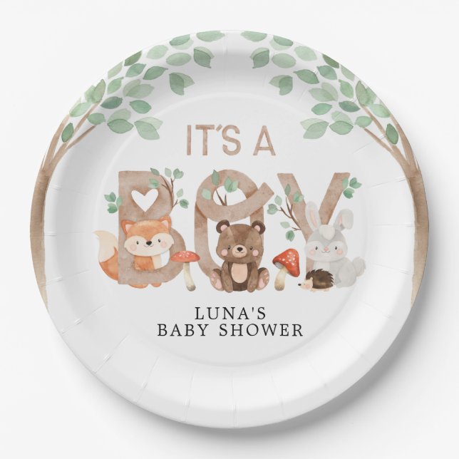 Woodland Its a Boy Baby Shower Paper Plates (Front)