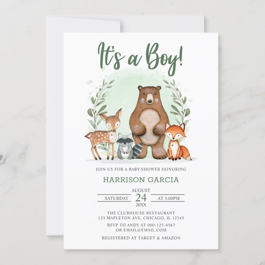 Woodland It's a boy forest friends baby shower Inv Invitation | Zazzle