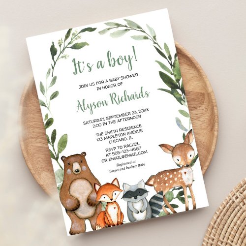 Woodland Its a boy forest friends baby shower Invitation