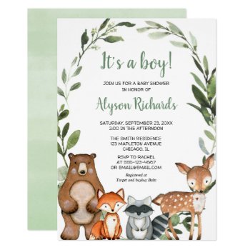 A cute cartoon deer, racoon and fox in a forest setting baby shower invitation