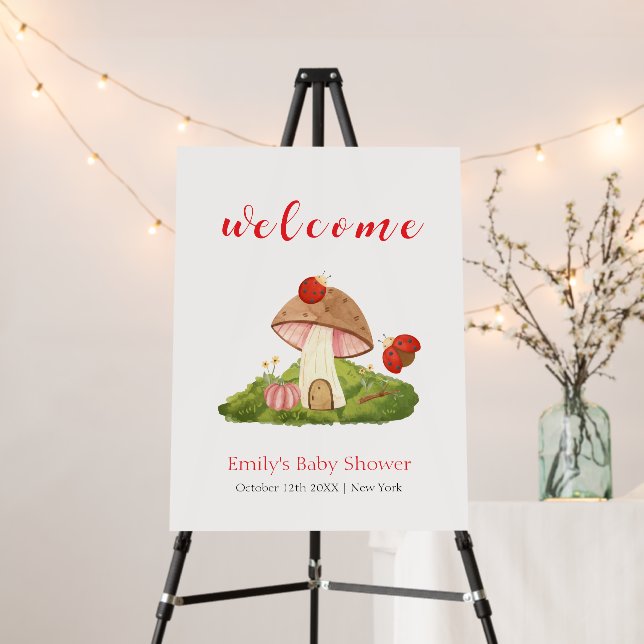 Woodland Ladybug Mushroom Baby Shower Welcome Sign (In Situ (Stand))