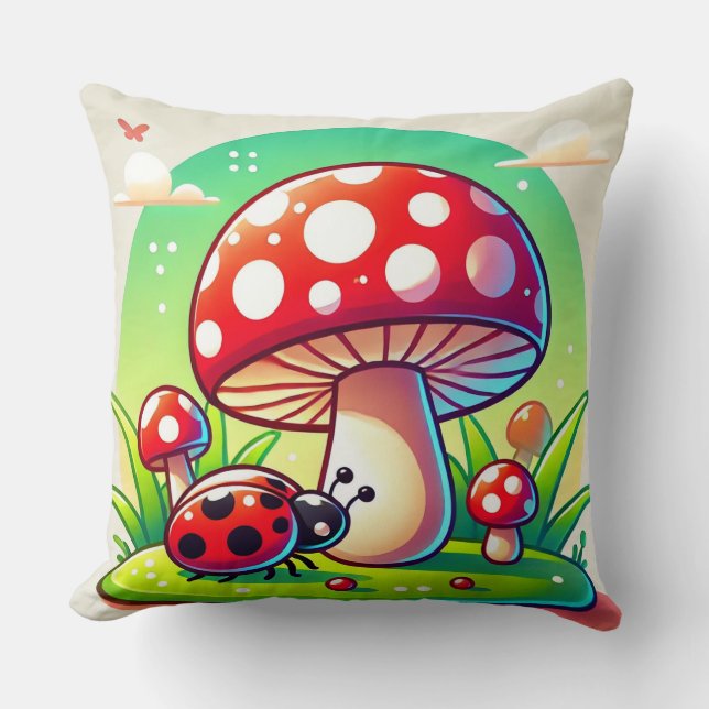 🐞 Woodland Ladybug Mushroom Meadow Decor 🐞 Throw Pillow (Front)