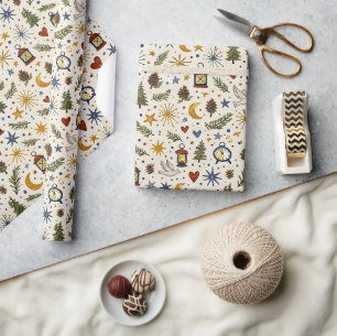 Woodland Lantern Winter Folk Pattern Wrapping Paper
