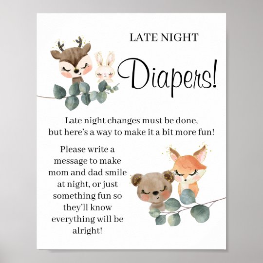 Woodland Late Night Diaper Baby shower game sign | Zazzle.com