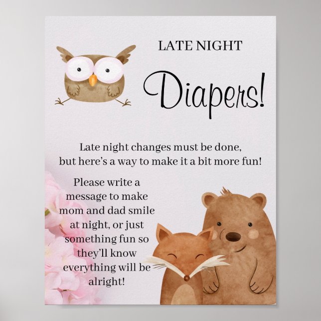 Woodland Late Night Diaper Baby shower game sign (Front)