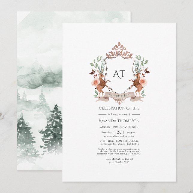 Woodland Laurel Crest Monogram Celebration of Life Invitation (Front/Back)