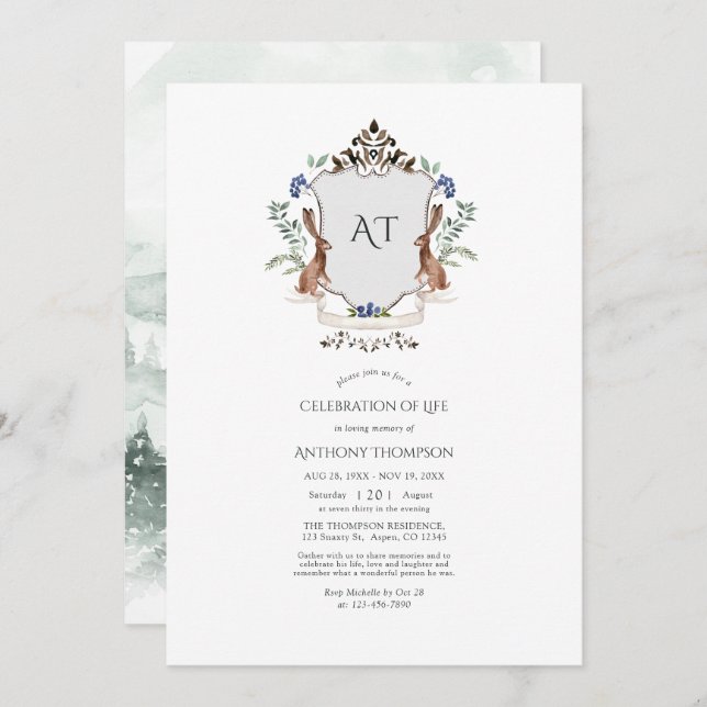 Woodland Laurel Crest Monogram Celebration of Life Invitation (Front/Back)
