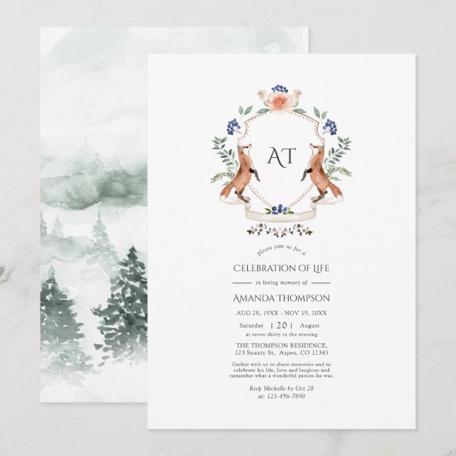 Woodland Laurel Crest Monogram Celebration of Life Invitation (Front/Back)