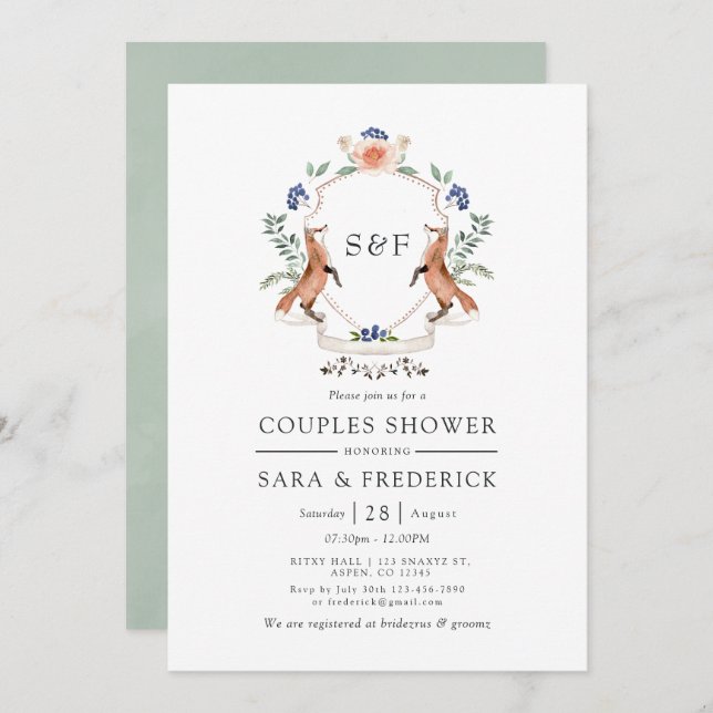 Woodland Laurel Crest Monogram Couples Shower Invitation (Front/Back)