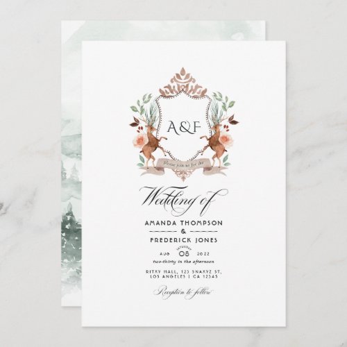 Woodland Laurel Crest Monogram QR Code Wedding Invitation