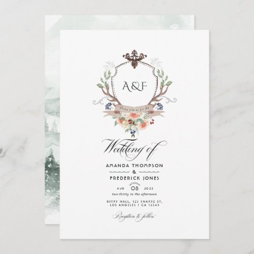 Woodland Laurel Crest Monogram QR Code Wedding Invitation