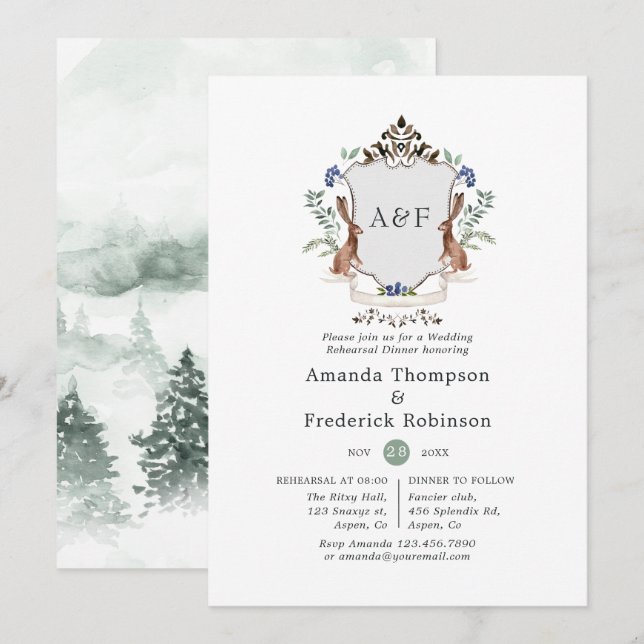 Woodland Laurel Crest Monogram Rehearsal Dinner Invitation (Front/Back)