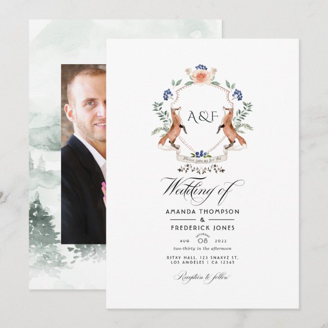 Woodland Laurel Crest Monogram Wedding Photo Invitation (Front/Back)
