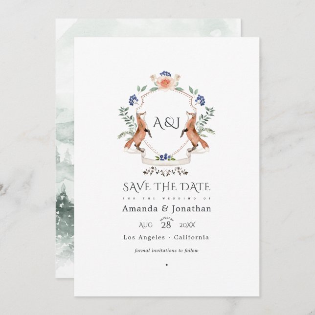 Woodland Laurel Crest Monogram Wedding Photo Save The Date (Front/Back)