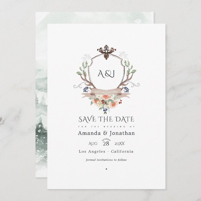 Woodland Laurel Crest Monogram Wedding Photo Save The Date (Front/Back)