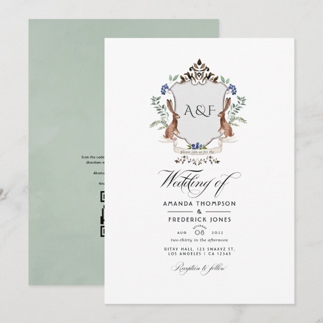 Woodland Laurel Crest QR Code RSVP Wedding Invitation (Front/Back)
