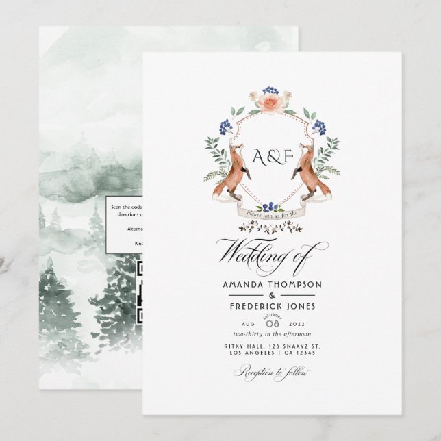 Woodland Laurel Crest QR Code RSVP Wedding Invitation (Front/Back)