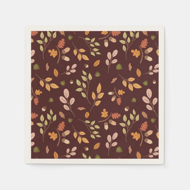 Woodland Leaves Autumn Theme Neutral Dark Napkins (Front)