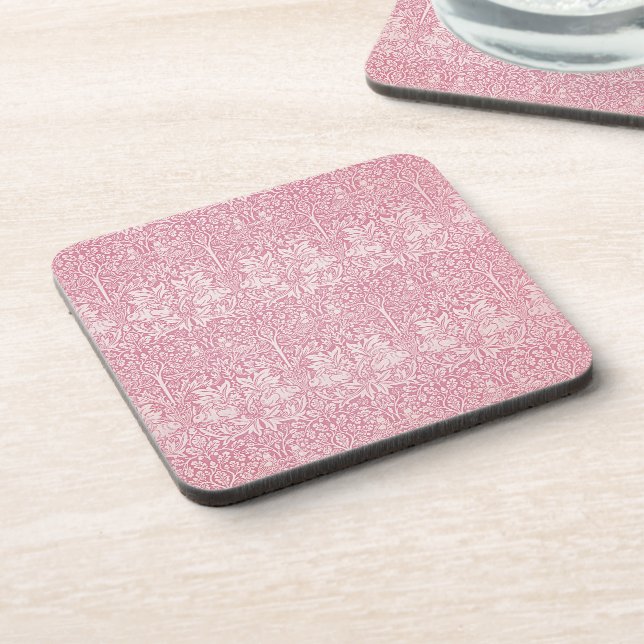 Woodland Leaves Pink Rabbit William Morris Pattern Beverage Coaster (Left Side)