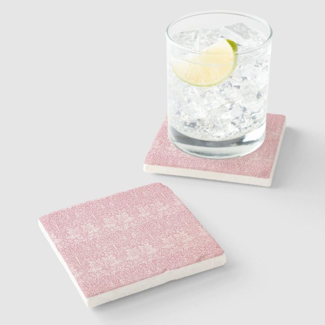 Woodland Leaves Pink Rabbit William Morris Pattern Stone Coaster (Side)
