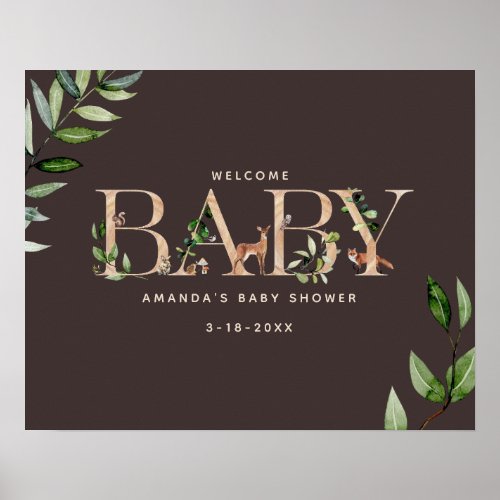 Woodland Letters Animals Brown Baby Shower Welcome Poster