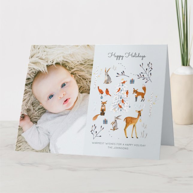 Woodland light blue Christmas Tree and animals Card (Front)