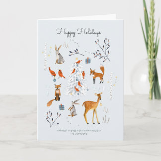 Woodland light blue Tree and animals Forest Holiday Card