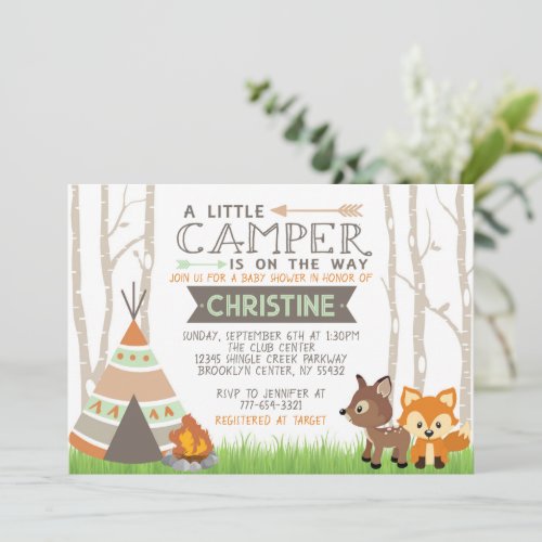 Woodland Little Camper Teepee Baby Shower Invitation