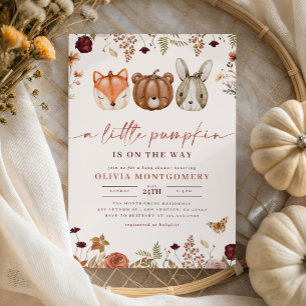 Woodland Little Pumpkin Fall Floral Baby Shower Invitation