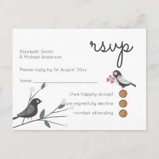 Woodland Love Birds Wedding RSVP Return Budget Invitation Postcard