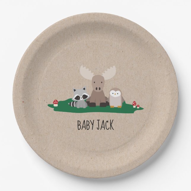 Woodland Lumberjack Baby Shower Animals Rustic Paper Plates (Front)