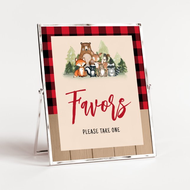 Woodland Lumberjack Baby Shower Favors Poster (Plaid Lumberjack Baby Shower Favors Sign)
