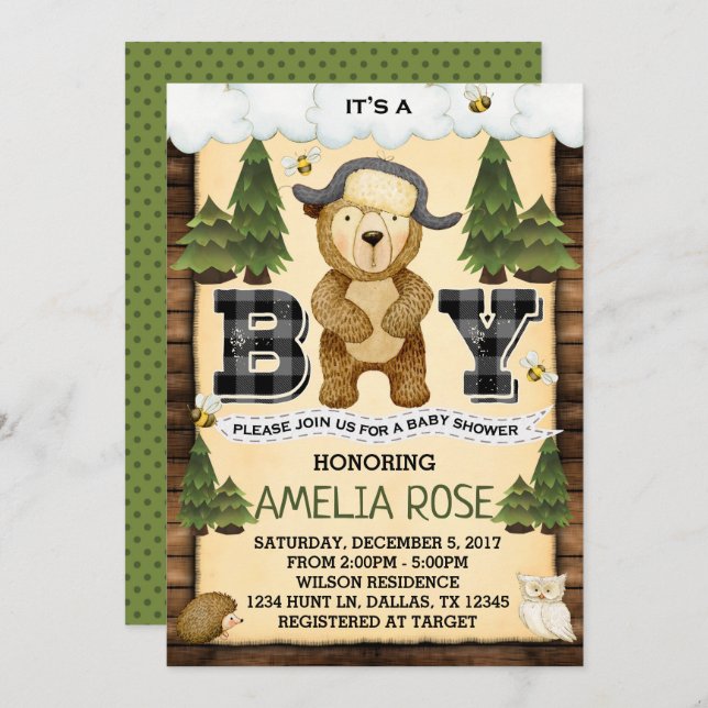 Woodland Lumberjack Bear Baby Shower Invitation (Front/Back)