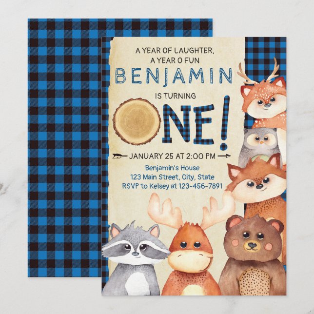 Woodland Lumberjack First Birthday Invitation (Front/Back)