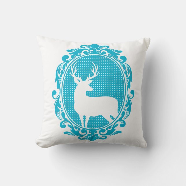 Woodland Magic Deer Silhouette & Blue Scroll Frame Throw Pillow (Front)