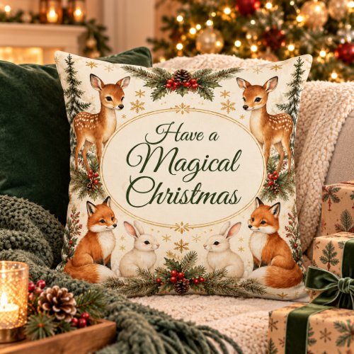 Woodland Magical Christmas Deer Fox &amp; Bunny Throw  Pillow