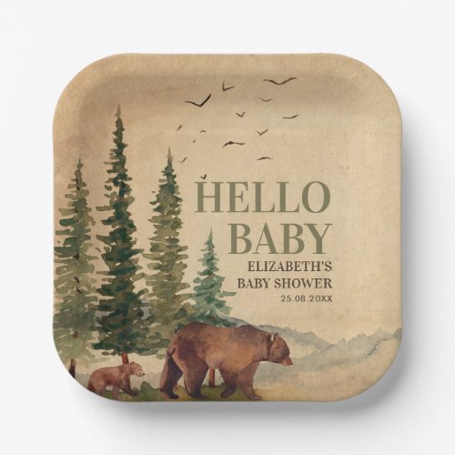 Woodland Mama Bear  Cub Baby Shower Paper Plates