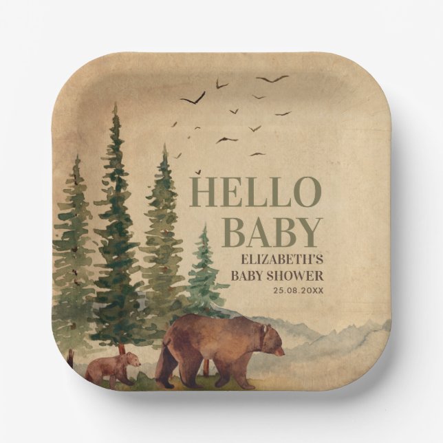 Woodland Mama Bear & Cub Baby Shower Paper Plates (Front)