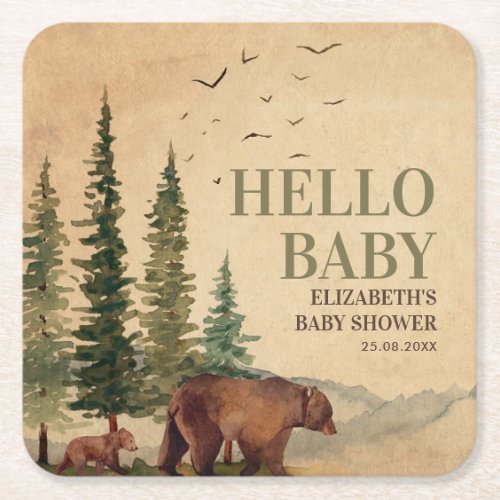 Woodland Mama Bear  Cub Baby Shower Square Paper Coaster