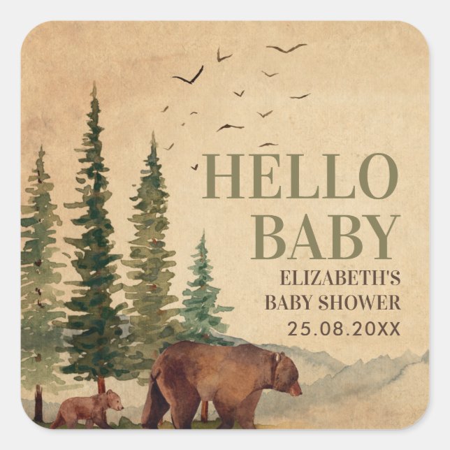 Woodland Mama Bear & Cub Baby Shower   Square Sticker (Front)