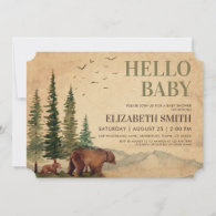 Woodland Mama Bear & Her Cub Vintage Baby Shower Invitation