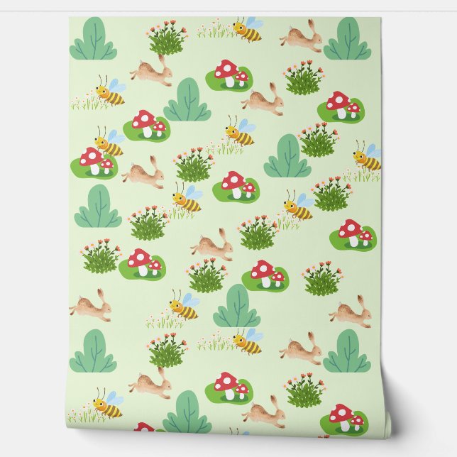 Woodland Meadow Nursery Wallpaper – Bunnies, Bees  (Unrolling)